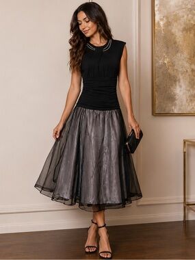 Sophisticated Mixed Media Dress | Tulle Skirt • Tailored Fit • Timeless Elegance